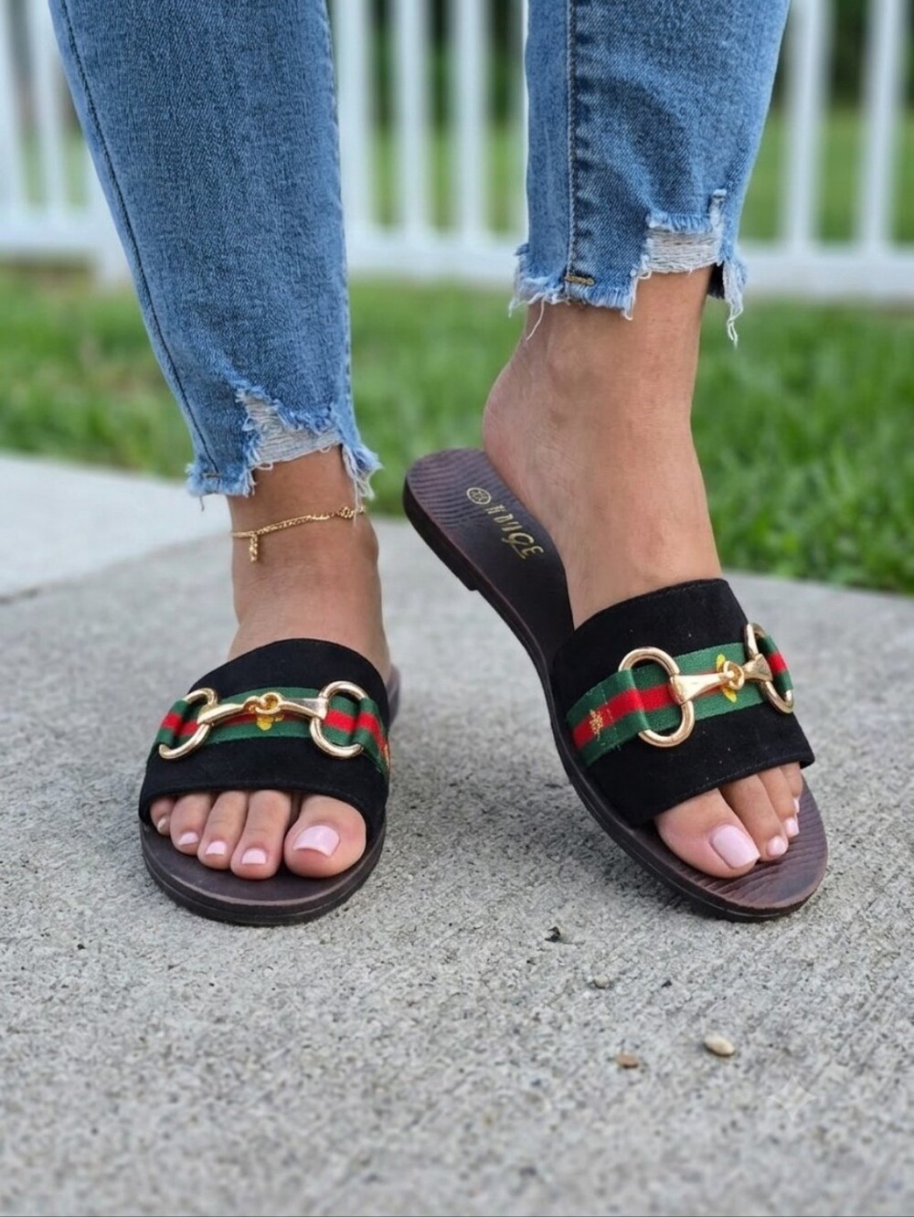 Rouge Helium Black Slide Sandals Horsebit Green Red Web Stripe Mule Women Sz9.5